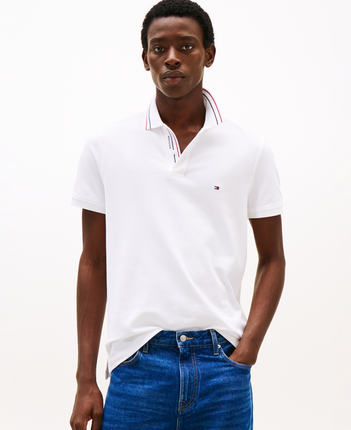 Men's Short Sleeve Striped-Trim Polo Shirt - White