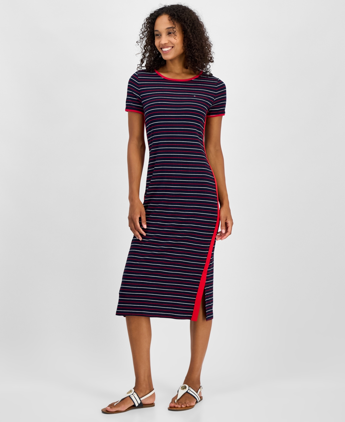 Tommy Hilfiger Women's Striped Short-sleeve Midi Dress In Sky Captain Multi