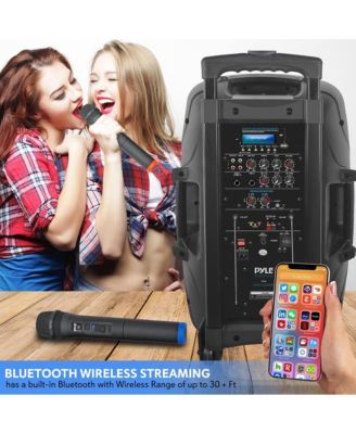 1600W 15" with 2 UHF mics, USB/SD/FM, audio recording, and rechargeable battery Bluetooth PA Speaker.