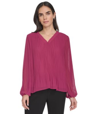 Calvin Klein - Women's Mini-Pleated V-Neck Long-Sleeve Top