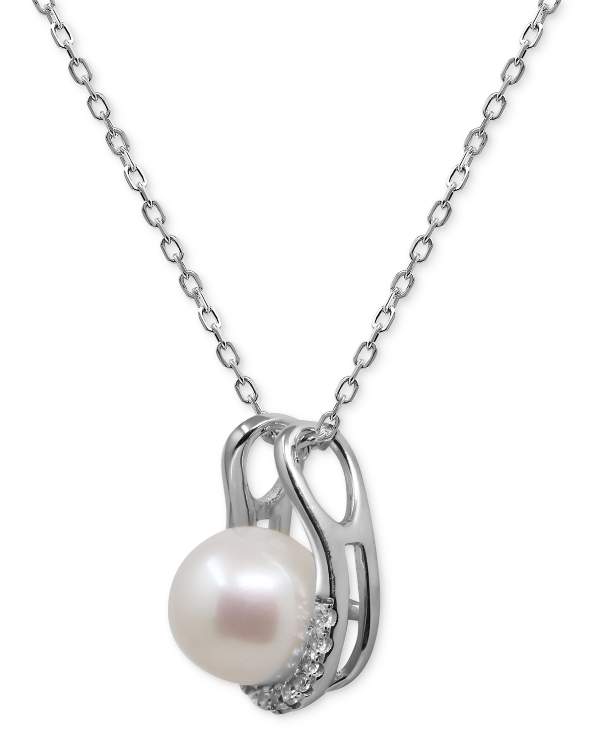 Macy's Cultured Freshwater Button Pearl (8mm) & Diamond (1/10 Ct. T.w.) Open 18" Pendant Necklace In Sterli In Silver