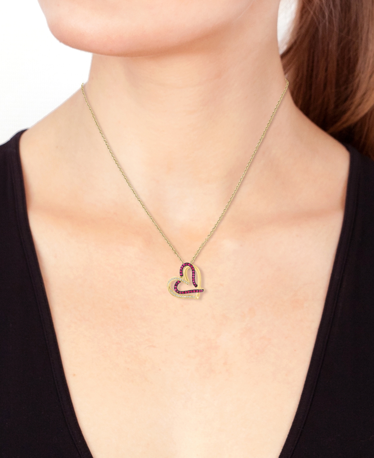 EFFY COLLECTION EFFY RUBY (1/4 CT. T.W.) & DIAMOND (1/10 CT. T.W.) INTERTWINED HEART 18" PENDANT NECKLACE IN 14K GOL 