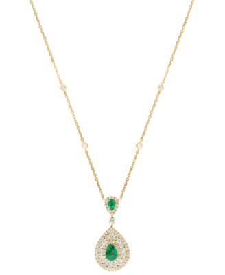 EFFY&reg; Emerald (3/4 ct. t.w.) & Diamond (1-1/8 ct. t.w.) Double Pear Halo 18" Pendant Necklace in 14k Gold