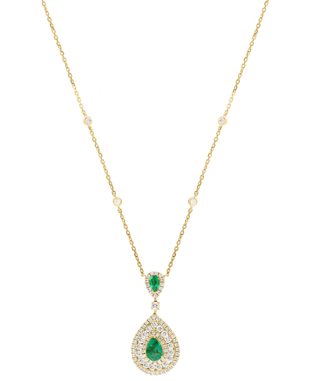 EFFY COLLECTION EFFY EMERALD (3/4 CT. T.W.) & DIAMOND (1-1/8 CT. T.W.) DOUBLE PEAR HALO 18" PENDANT NECKLACE IN 14K  