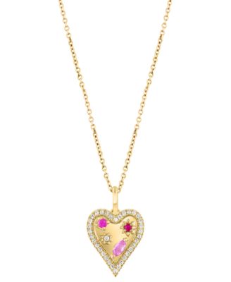 EFFY&reg; Pink Sapphire (1/8 ct. t.w.), Ruby Accent, & Diamond (1/6 ct. t.w.) Heart Halo 18" Pendant Necklace in 14k Gold