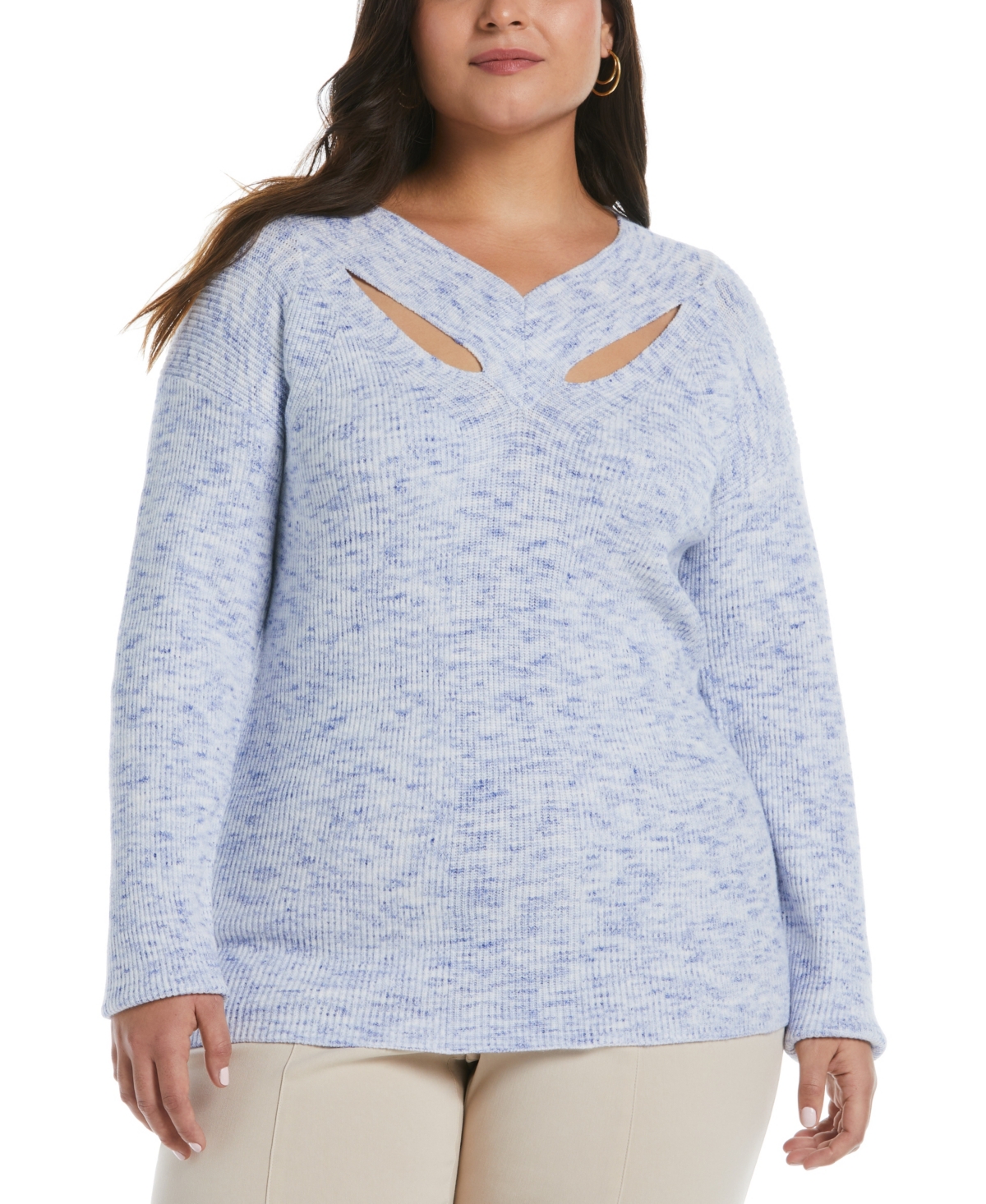 Plus Size Cutout Neck Sweater - Dazzling Blue