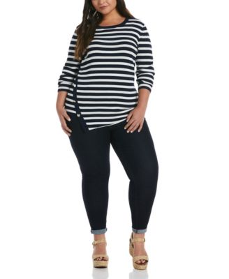 Plus Size Snap Trim Stripe Asymmetrical Sweater