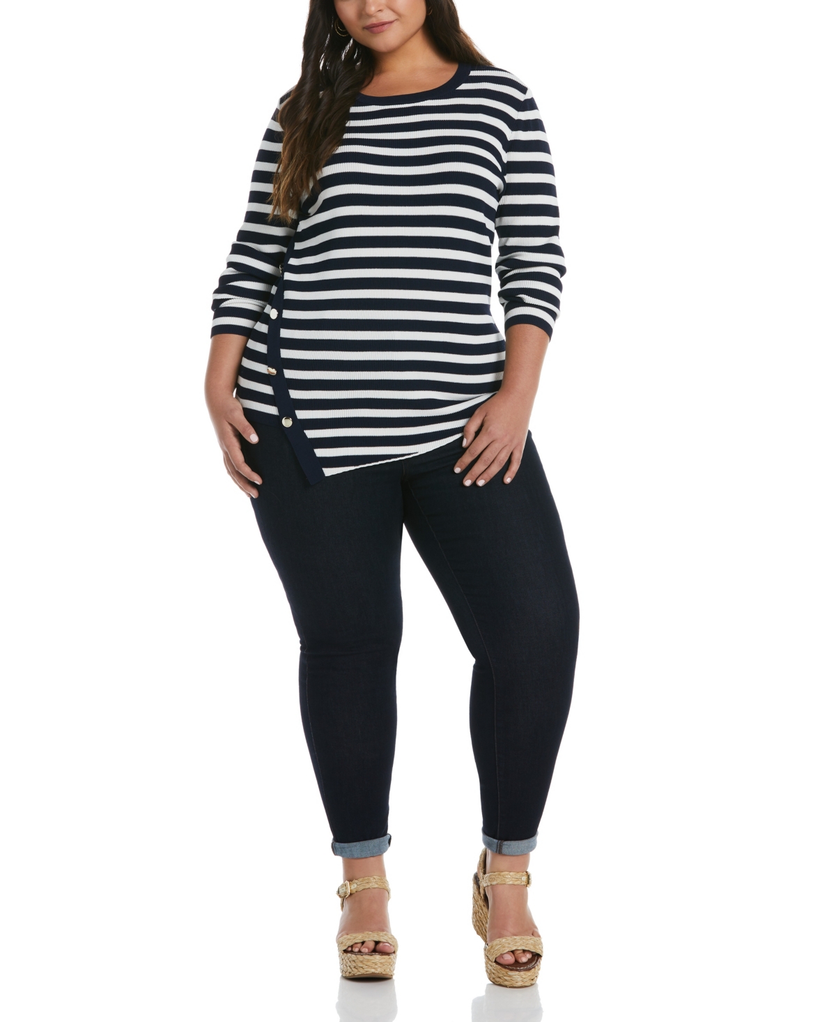 ELLA RAFAELLA PLUS SIZE SNAP TRIM STRIPE ASYMMETRICAL SWEATER 