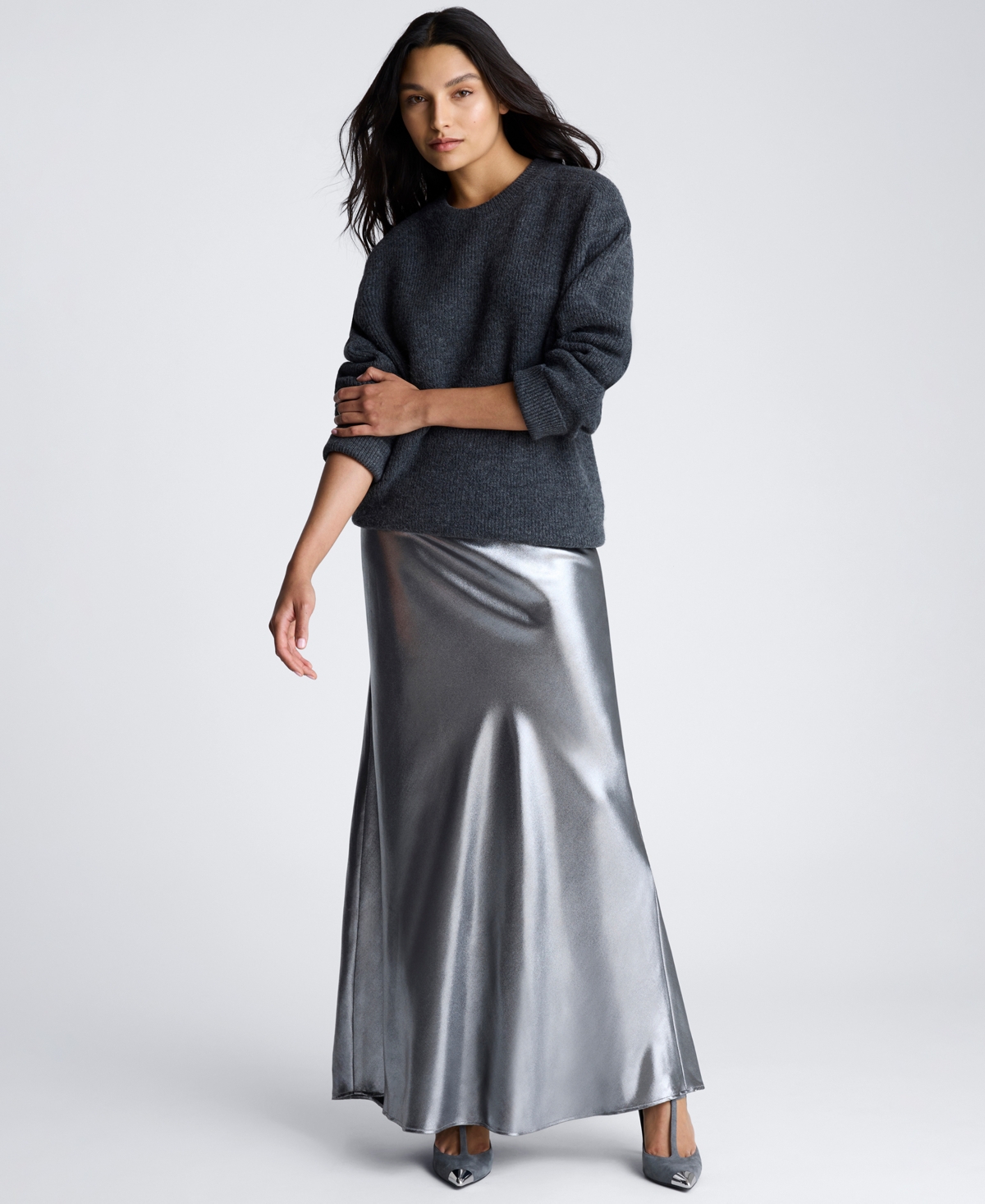 Kenneth Cole Metallic Bias Cut Maxi Skirt In Black,pewter