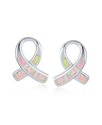 Pink Synthetic Opal Ribbon Breast Cancer Awareness Stud Earrings Sterling Silver 8MM