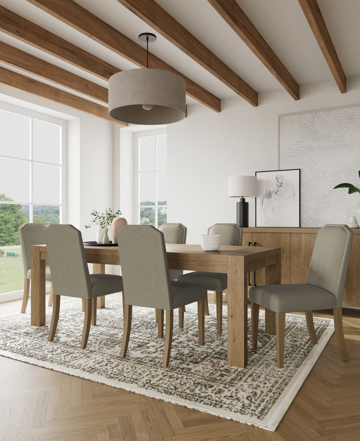 MACY'S 7PC DINING SET (DAVIE RECTANGULAR TABLE & 6 HINSEN CHAIRS) 