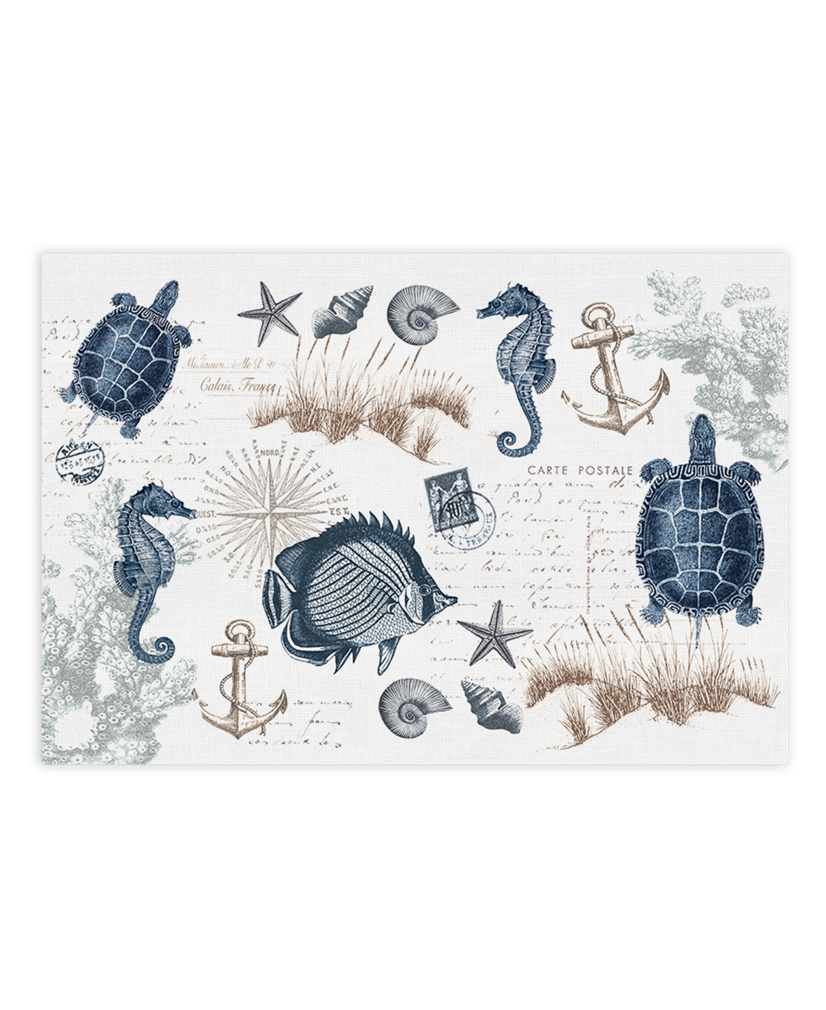 Laural Home Seaside Postcard Set Of 4 Placemat, 13" X 19" In Blue