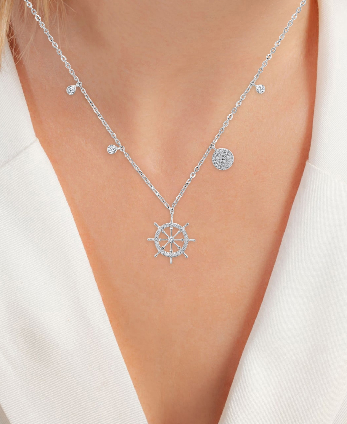 Macy's Cubic Zirconia Ship Wheel 18" Pendant Necklace In Sterling Silver In Silver