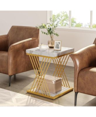 1-Pc Square End Table Metal Frame 2-Tier Storage Side Table