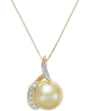 image of Cultured Golden South Sea Pearl (10mm) and Diamond (1/10 ct. t.w.) Pendant Necklace in 14k Gold