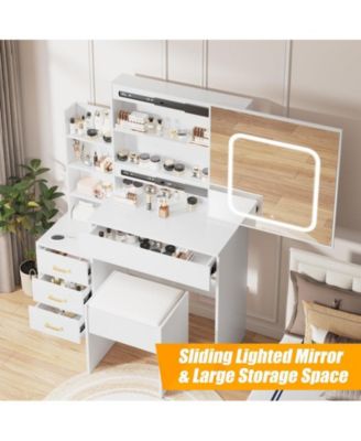 Vanity Desk with Sliding Mirror and Led Lights, Vanity Table with Power Outlet, Bedroom Makeup Table with 4 Drawers, 3 Color Lighting Modes