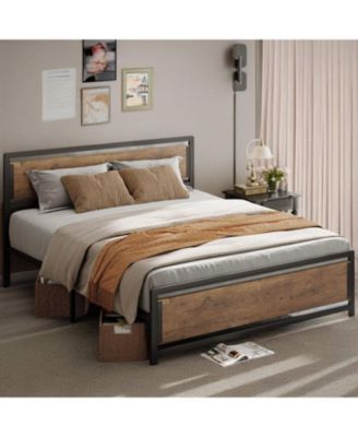 Industrial Wood Platform Bed Frame with Headboard and Footboard for Modern Bedroom Decor