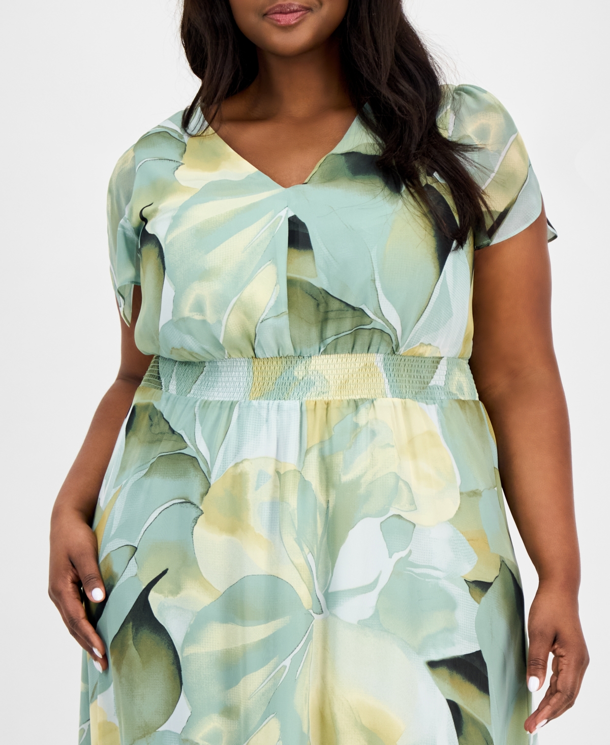 Anne Klein Plus Size Printed Chiffon Fit & Flare Dress In Soft Aloe Multi