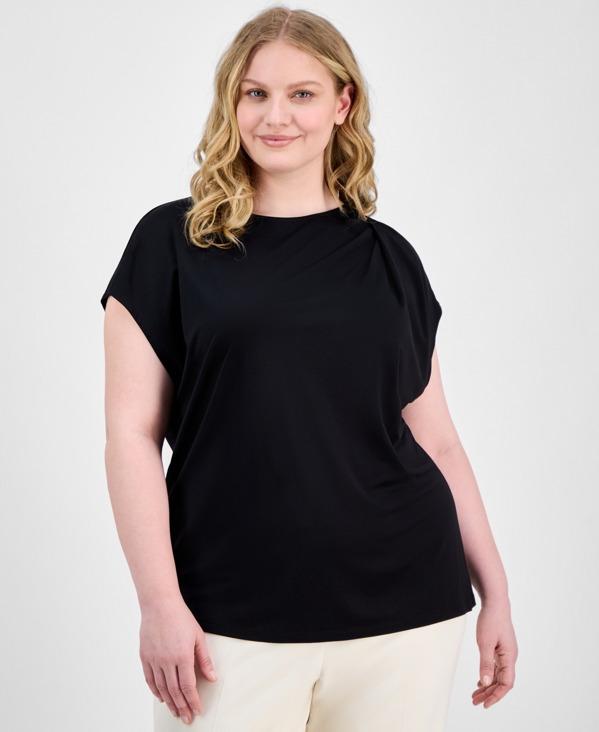 Anne Klein Plus Size Pleat-neck Short-sleeve Blouse In Anne Black