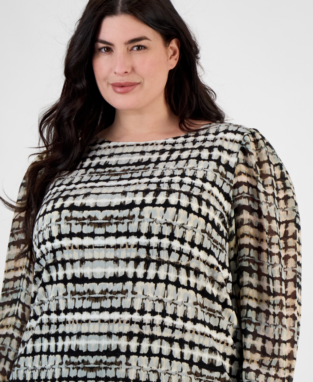 Anne Klein Plus Size Printed Chiffon Sheer-sleeve Top In Anne Black Multi