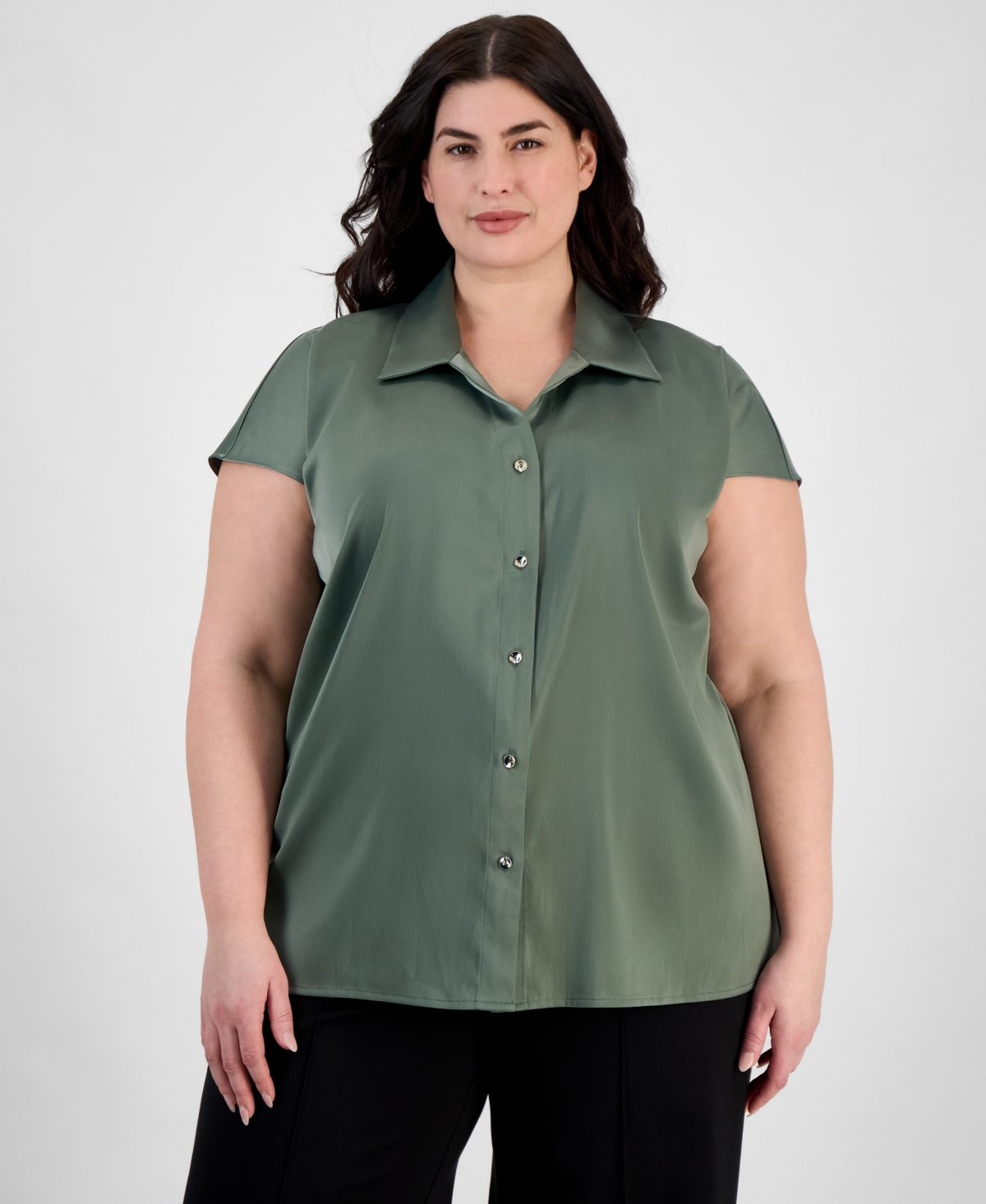 ANNE KLEIN PLUS SIZE CAP-SLEEVE SATIN COLLARED BLOUSE 