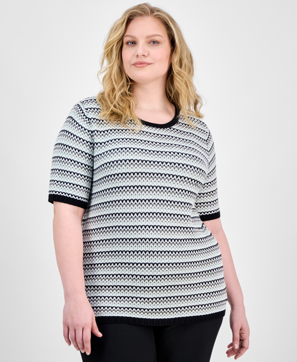 ANNE KLEIN PLUS SIZE CREWNECK SHORT-SLEEVE SWEATER 