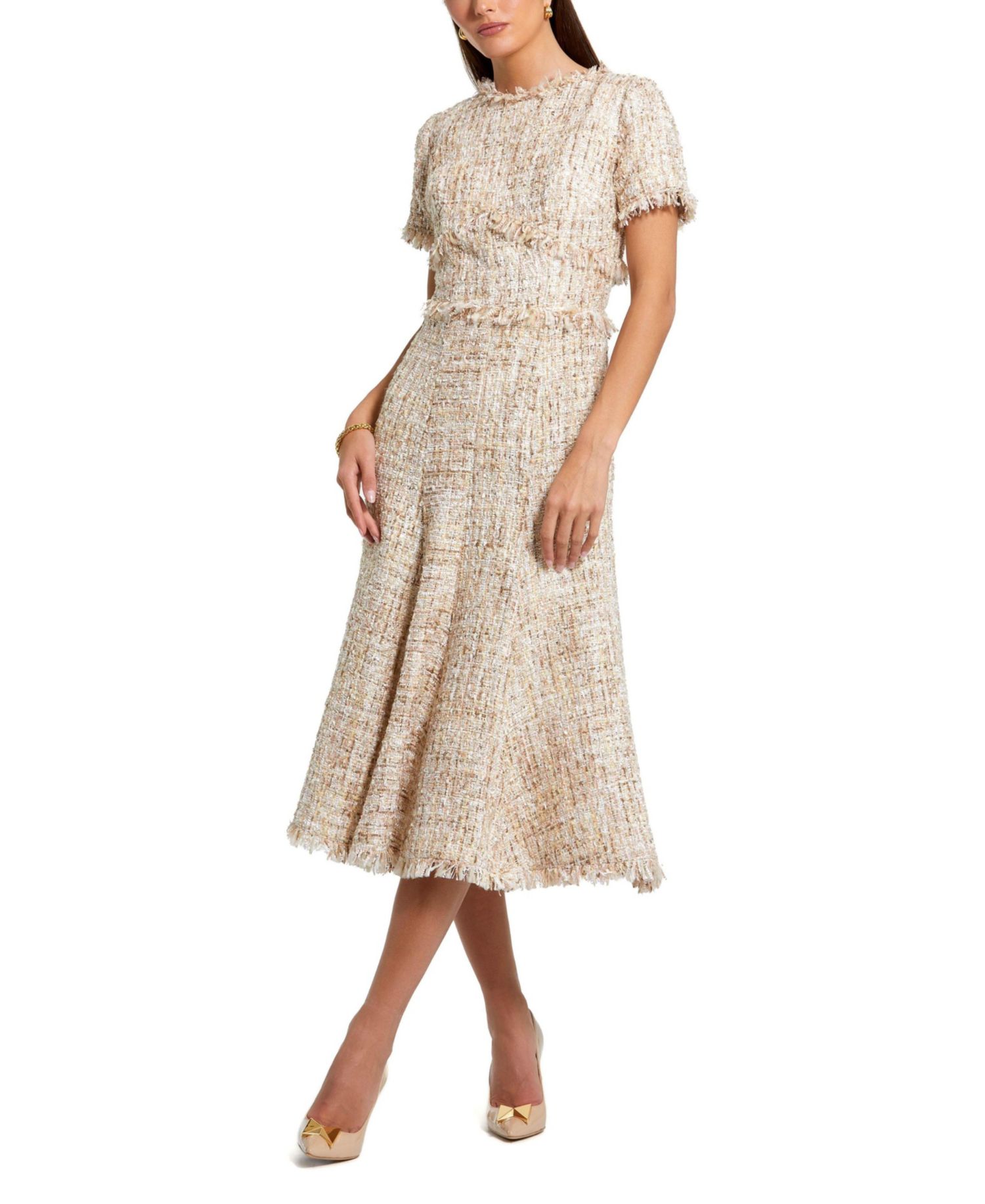 Women's Boucle Short Sleeve A Line Midi Dress