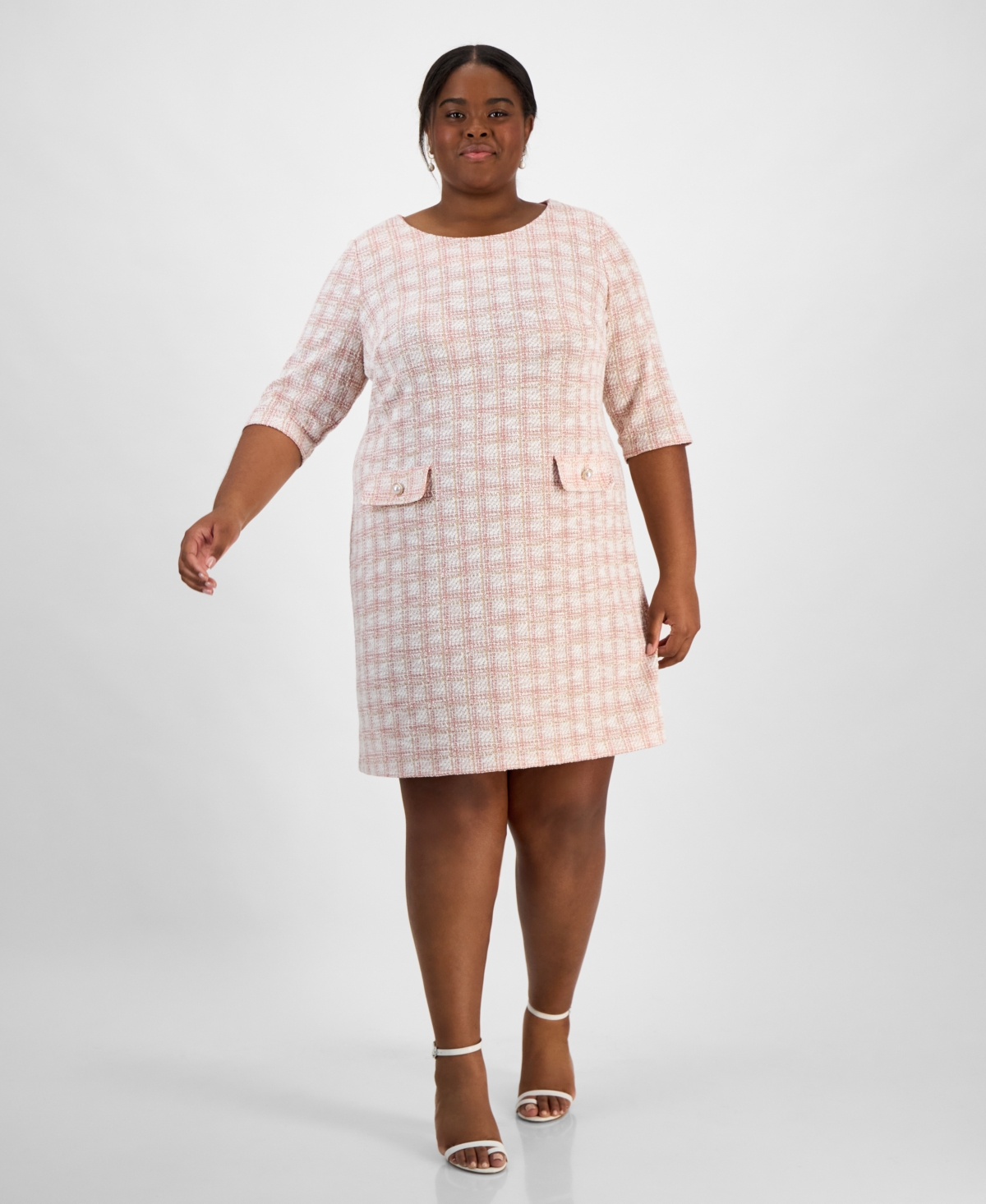 Plus Size Tweed 3/4-Sleeve Sheath Dress - Bls