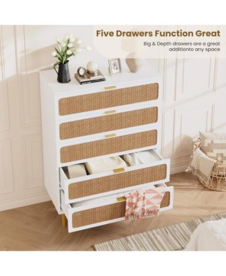 Rattan 5 Drawer Dresser for Bedroom, Tall Dresser with Deep Drawers