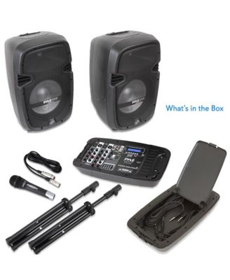 Stage & Studio PA Speaker & DJ Mixer Bundle Kit - (2) 10" Bluetooth PA Loudspeakers with Built-in LED Lights, 8-Ch. Audio Mixer, Speaker Stands, Wired Microphone (600W)
