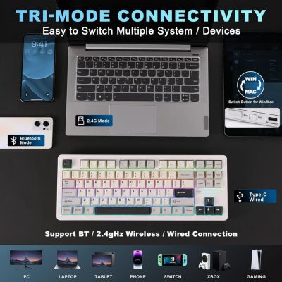 YZ87 75% Gasket Mechanical Keyboard, TKL Wireless Hot Swappable Bluetooth Gaming Keyboard with 4-Layer Padding, BT5.0/2.4Ghz/Type-C NKRO RGB Backlit Keyboard for Win/Mac Milk Switch