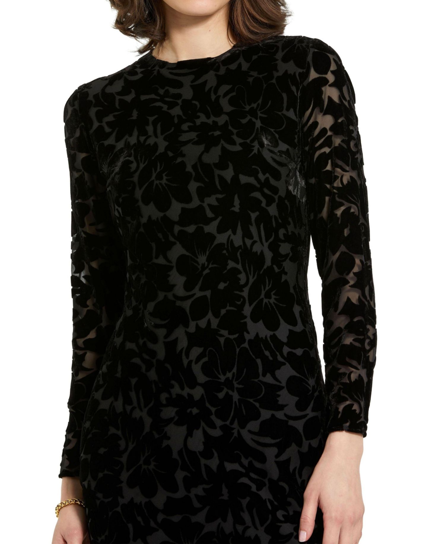 Women's Burnout Velvet Long Sleeve Ruffle Hem Midi Dress