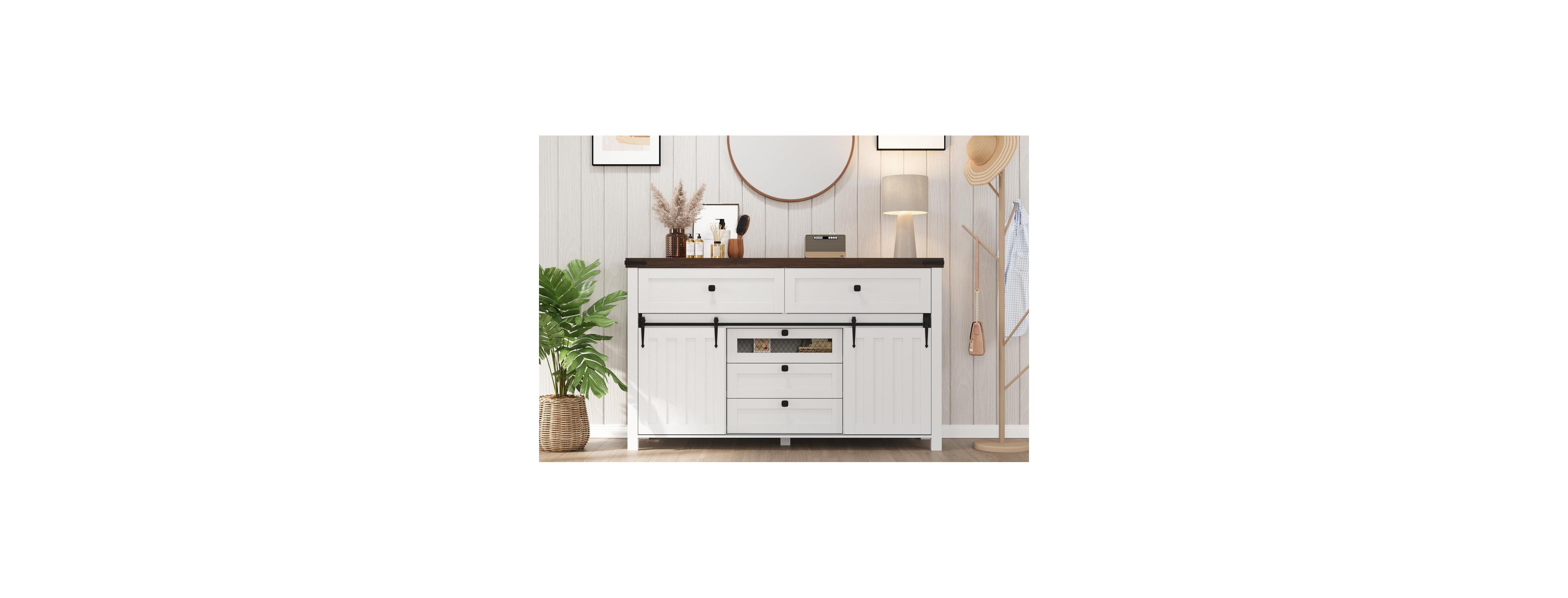 gaomon Farmhouse Buffet Cabinet, Sideboard Storage Cabinet with 5 Drawers and Sliding Barn Doors