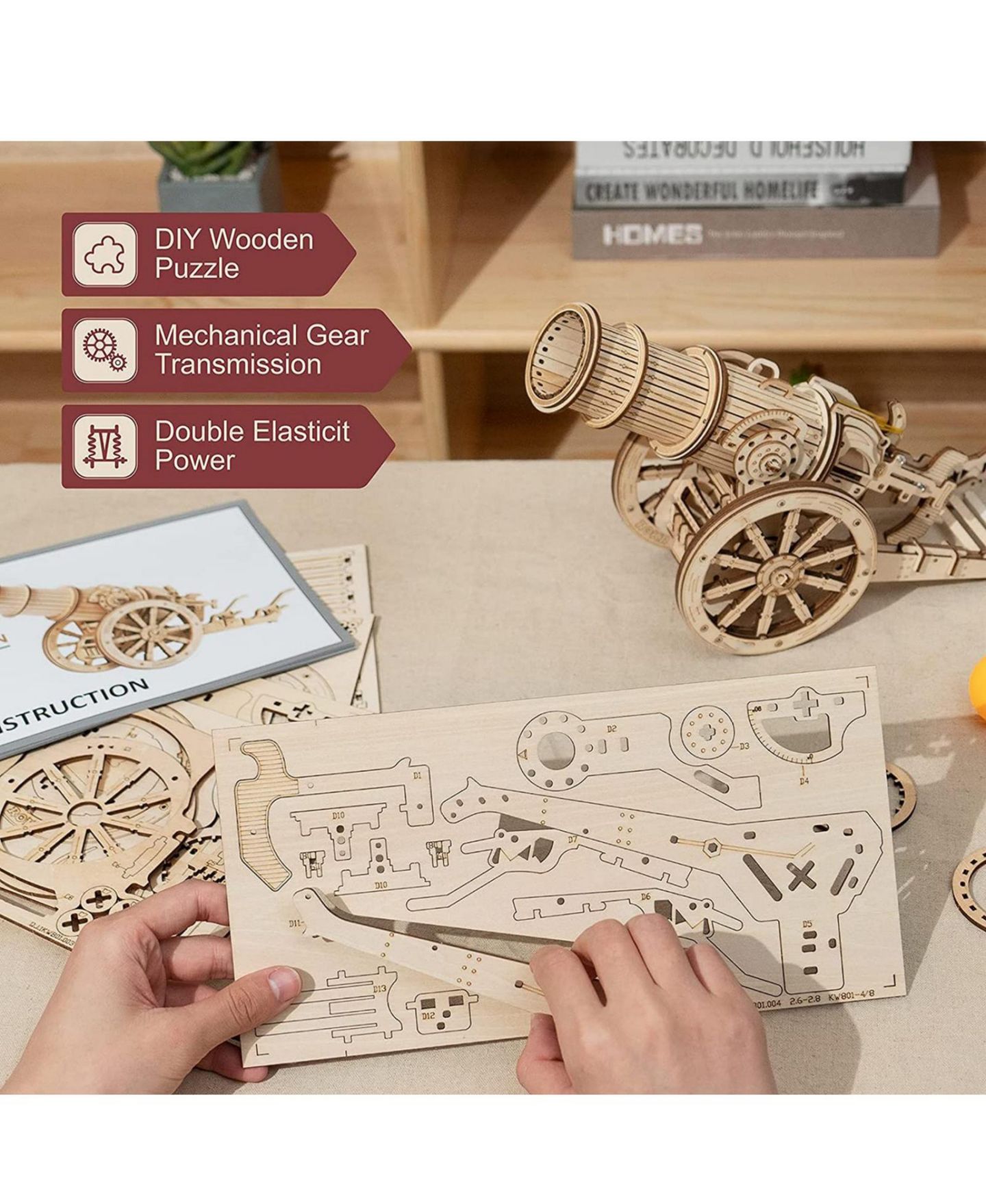 Детские конструкторы Robotime Medieval Wheeled Cannon Brain Teaser Wooden Puzzle, 158-Piece Set, Ages 14+ — фото 2