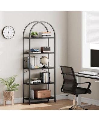 Bookshelf 5 Tier Bookcase Arched Display Racks Tall Standing Bookshelves Metal Frame Open Storage Rack Shelf Large Black Book Shelf for Bedroom, Living Room, Home Office