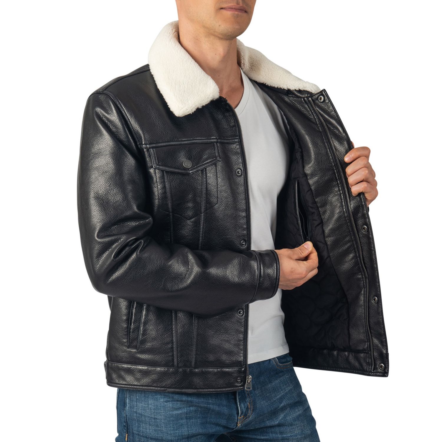 Men's Aaron Fitted Trucker Jacket Sherpa Collar Faux Leather Casual Coat