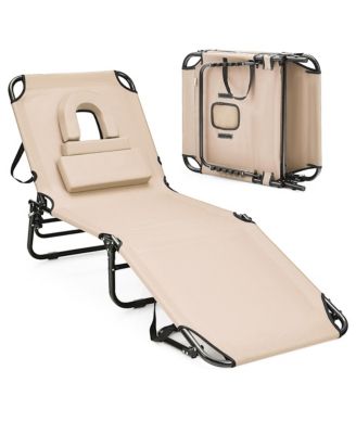 Folding Beach Sun Lounger Adjustable Face Down Tanning Chair w/ Face Hole and Removable Pillows Sand