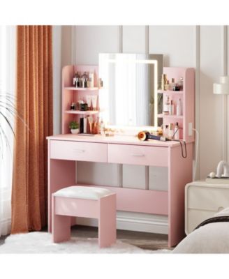 Vanity Desk with Mirror and Lights, Makeup Vanity Set w/Desk and Stool