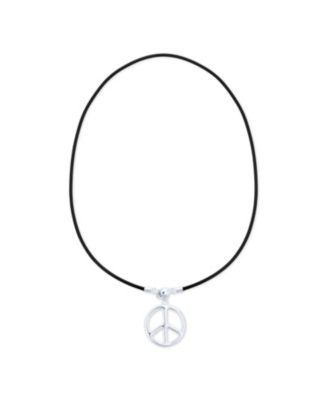 Peace Sign Pendant Necklace Black Leather Cord Sterling Silver 18"