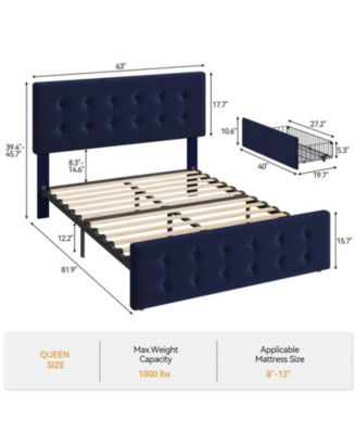 Queen Size Bed Frame with 4 Storage Drawers and Headboard, Velvet Upholstered Platform Bed Frame with Wooden Slats Support, Button Tufted Design, No Box Spring Needed