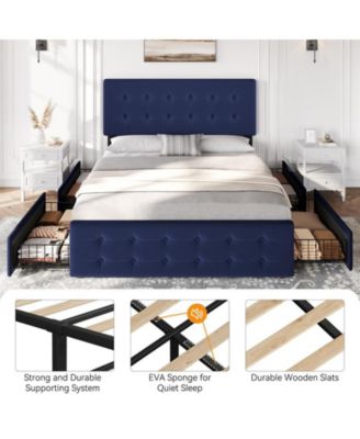 Queen Size Bed Frame with 4 Storage Drawers and Headboard, Velvet Upholstered Platform Bed Frame with Wooden Slats Support, Button Tufted Design, No Box Spring Needed