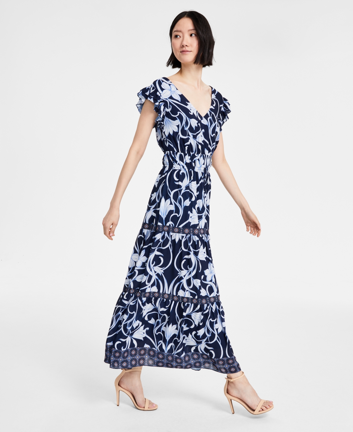 Anne Klein Women's Printed Border-trim Drawstring Maxi Dress In Distant Mountain Multi