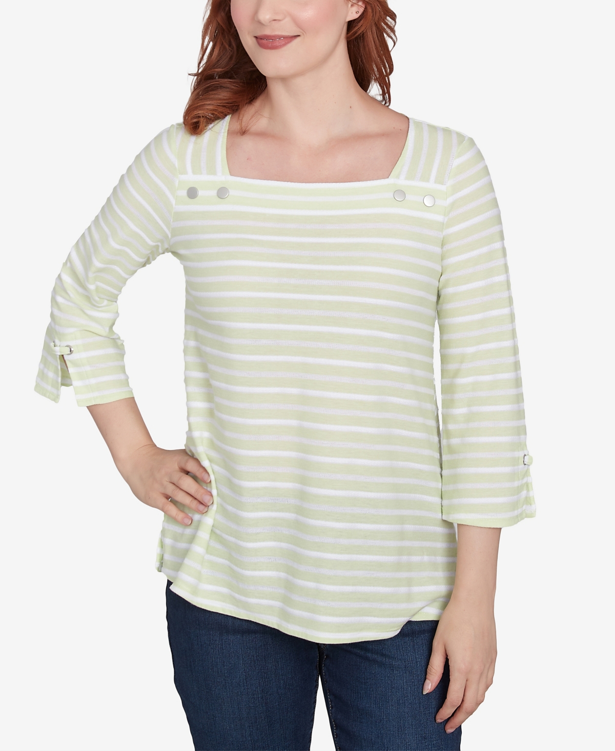 Ruby Rd. Petite Ribbon Stripe Laced Sleeve Top In Avocado Multi