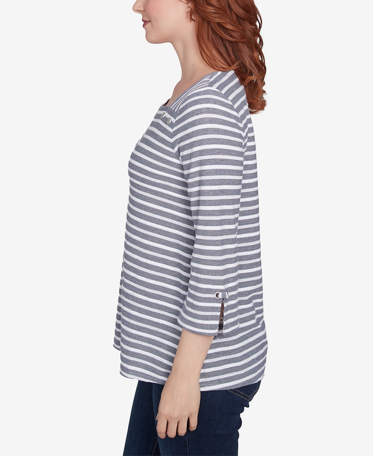 Ruby Rd. Petite Ribbon Stripe Laced Sleeve Top In True Navy Multi