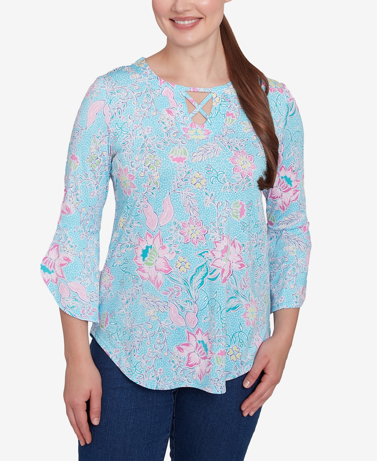 Petite Cloisonne Floral Puff Print Three Quarter Sleeve Top - Capri Blue Multi
