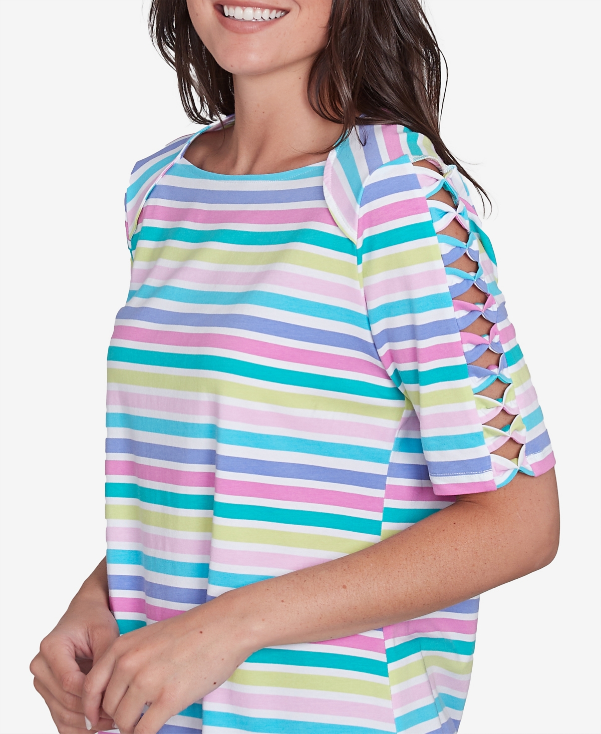 RUBY RD. PETITE OASIS STRIPE LADDER SLEEVE T-SHIRT 
