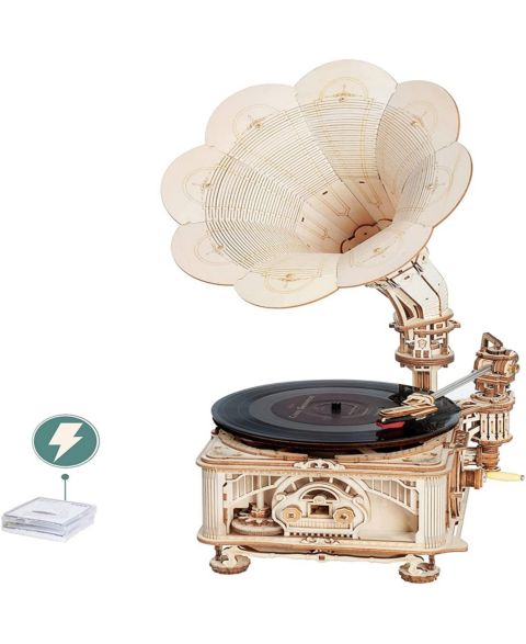 Детские конструкторы Robotime 3D Wooden Puzzle Automatic Gramophone Model Kits Electric Mode Self-Assembly Record Player, Beige, 8.89"10.20"16.88"