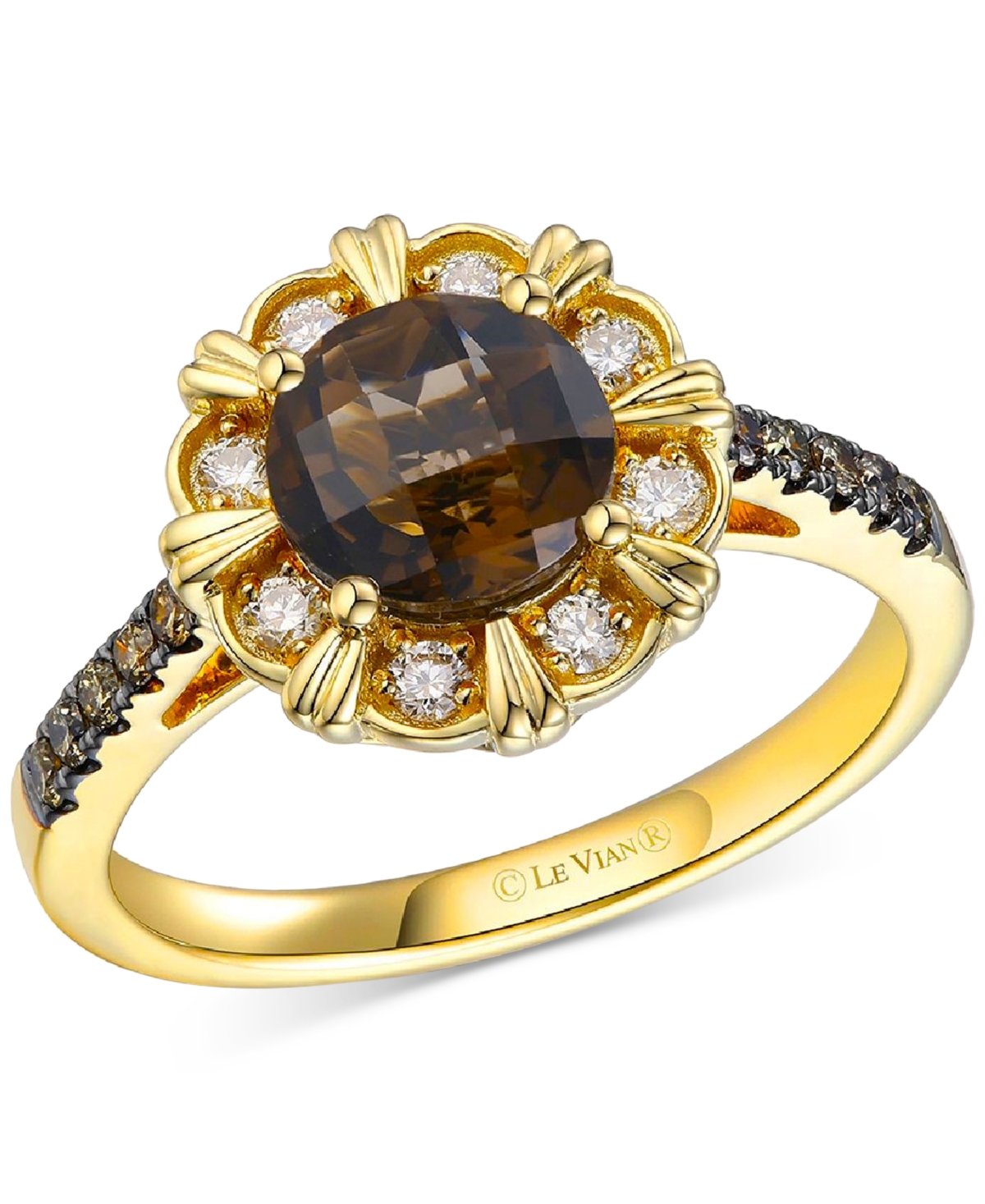 Smokey Quartz (1-1/5 ct. t.w.), Nude Diamond (1/6 ct. t.w.) & Chocolate Diamond (1/6 ct. t.w.) Floral Ring in 14k Honey Gold - Yellow Gold