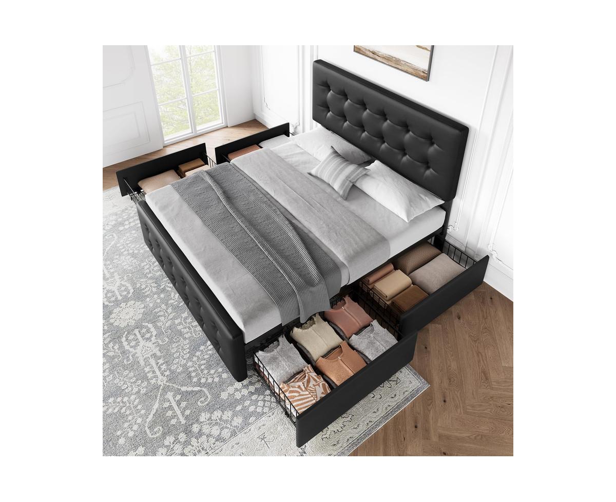 gaomon Queen Size Bed Frame with 4 Storage Drawers and Headboard, Faux Leather Upholstered Platform Bed Frame with Wooden Slats Support, Button Tufted
