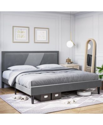 Wood Slat Support Bed Frame with Adjustable Height Headboard Velvet Upholstered Bed Frame